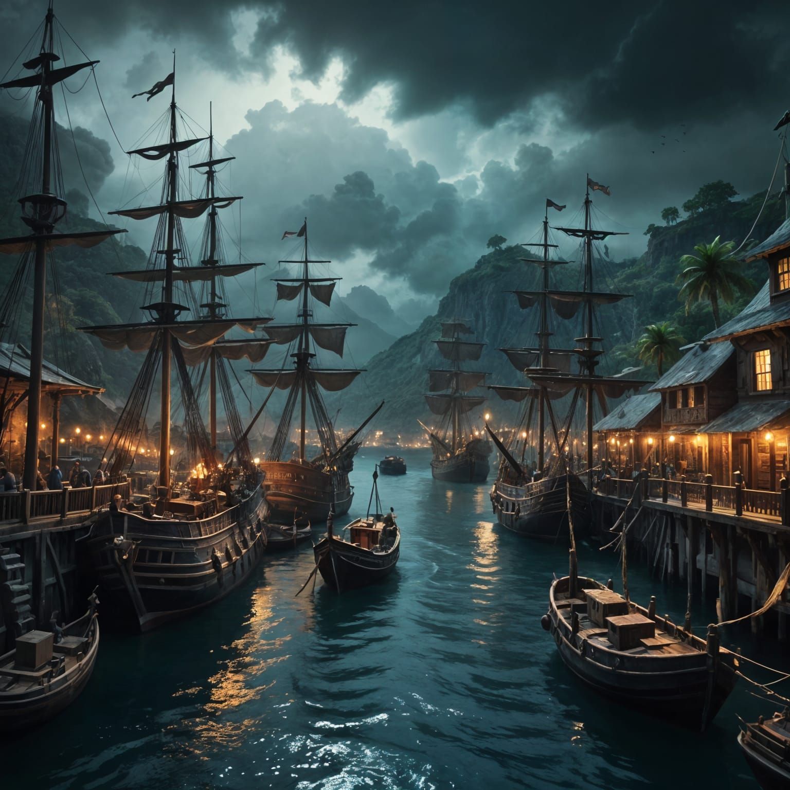 A beautiful harbor ful of wooden pirate ships, historic Caribbean atmosphere   by @Queen274