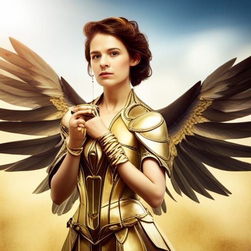 Beautifull girl with winged Golden armor in Renaissance pain...