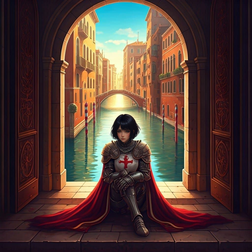 Medieval Templar Knightess Sits at Palace Doorway
