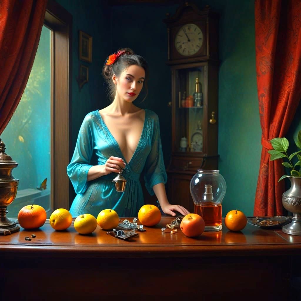 Surrealistic Lady in Vibrant, Bizarre Scene