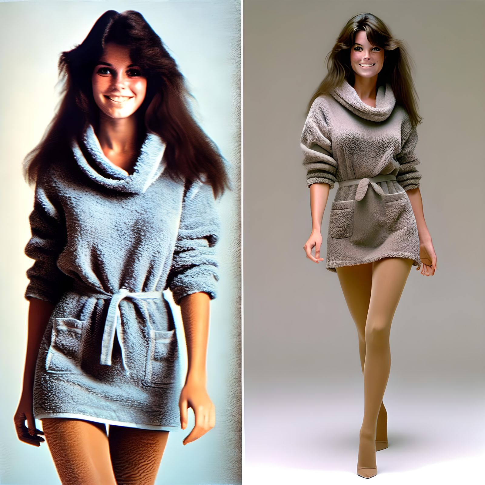 "Before She Met You" 1980s a tall statuesque college-aged woman with long dark hair wearing a heather colored terrycloth...