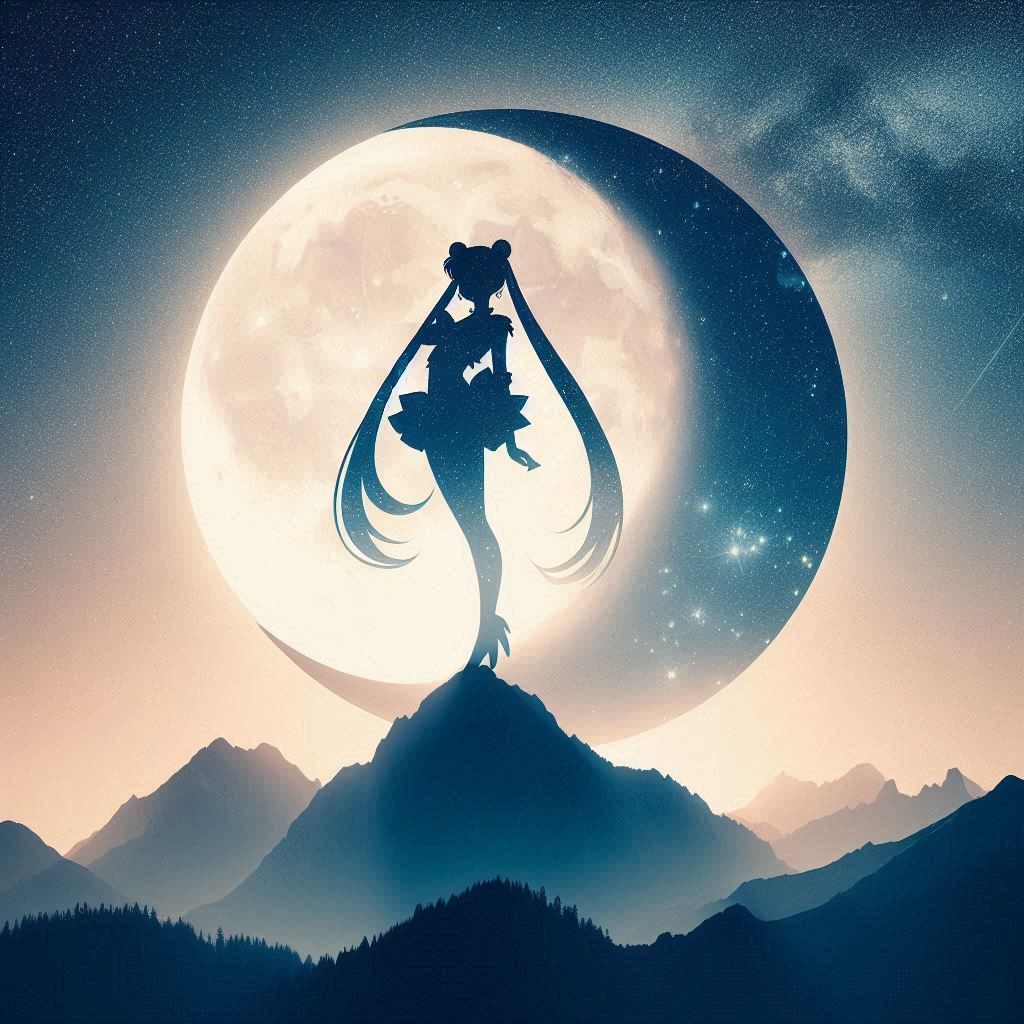 silhouetted Sailor Moon standing on a mountain peak 2 by DAL...