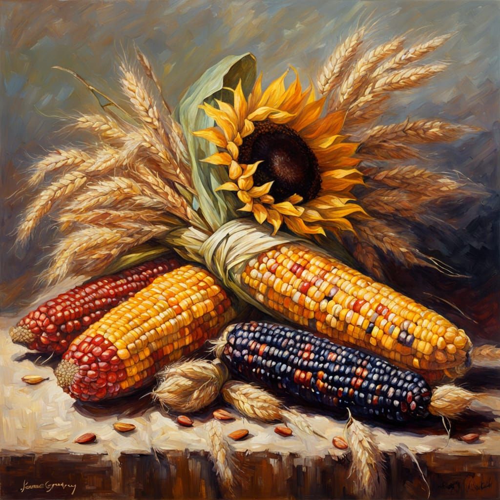 A bundle of colorful Indian corn wrapped with wheat stalks and sunflowers  by @DomesticatedWarrior