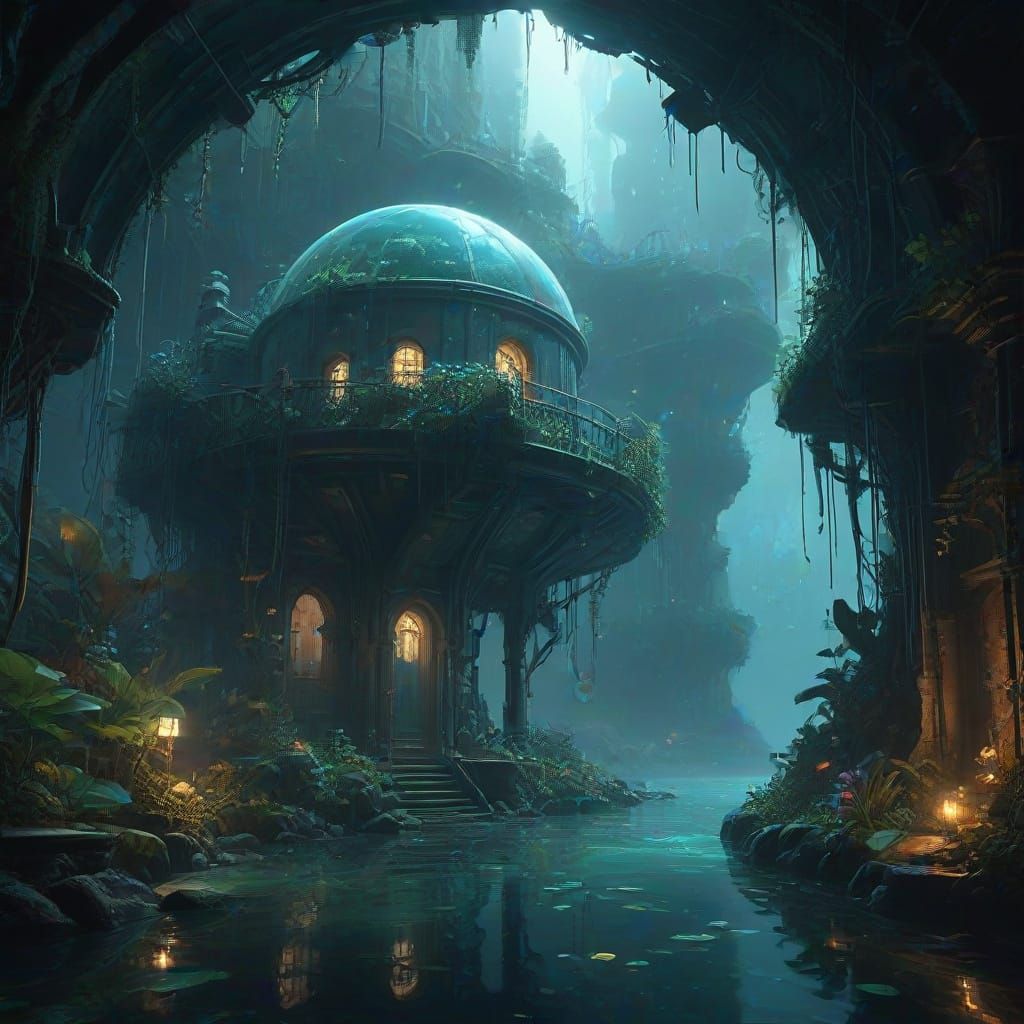 An underwater glass dome city, hidden deep in the ocean trenches, where strange bio-luminescent creatures drift outside the windows while si...