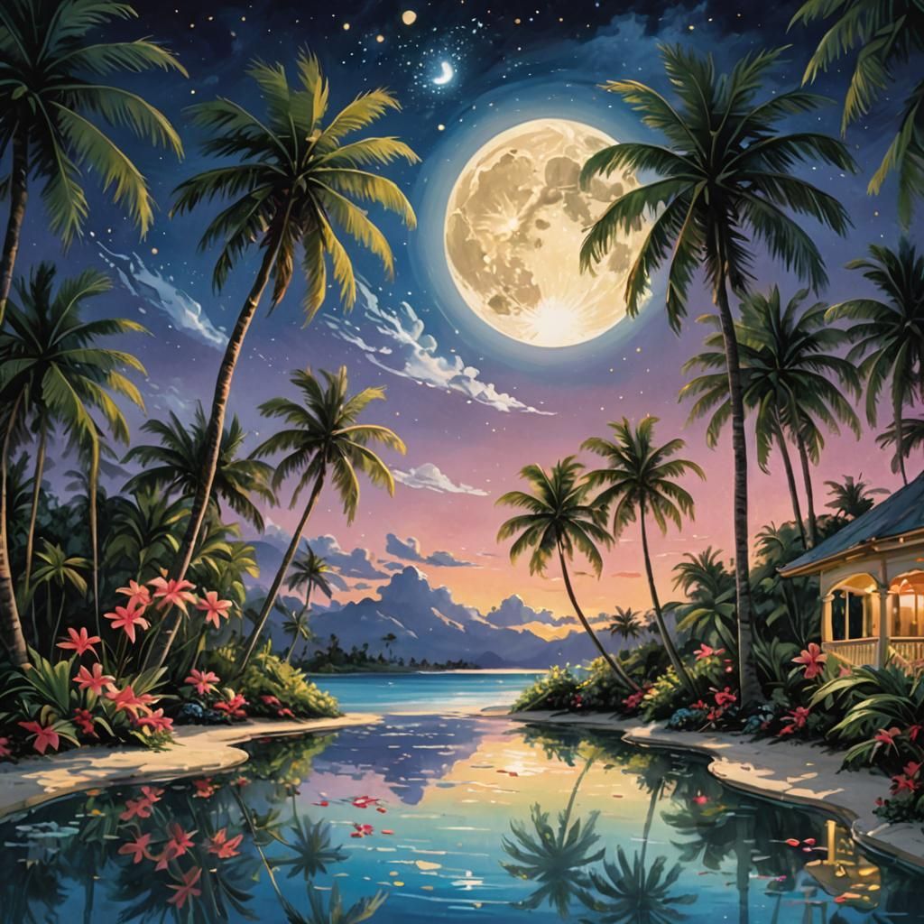 Luminous Palm Oasis: A serene, moonlit beach scene featuring majestic palm trees swaying gently in the breeze. Their slender silhouettes fra...
