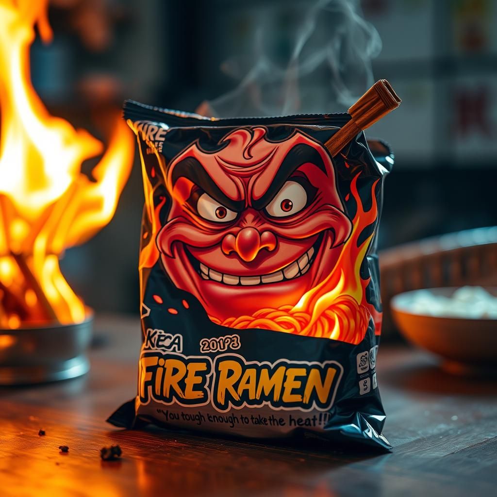 (Detailed crazy expression, flames, burned food) A package of fire Ramen Smirking on the table, Package ...  by @TP or Twisted Papa or Twisted Pasta