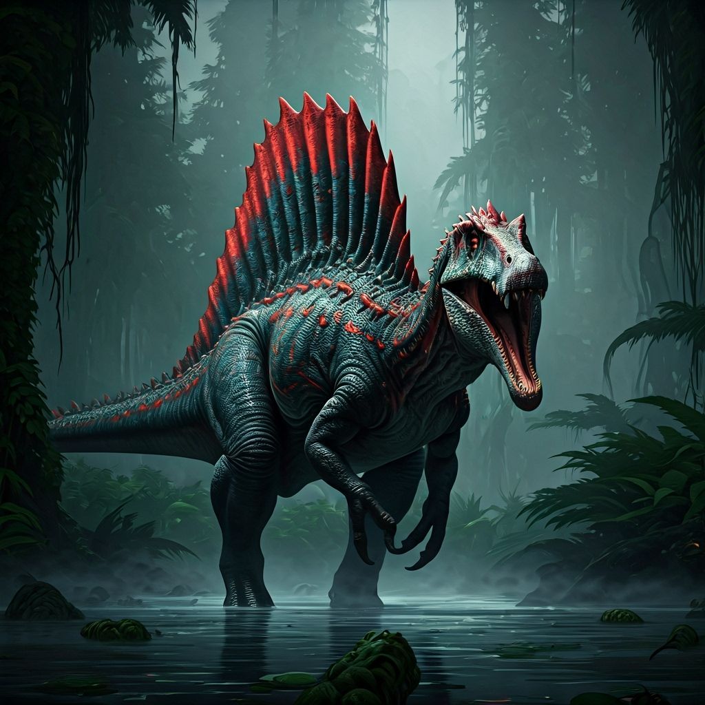 A colossal, bioluminescent Spinosaurus, scales shimmering with an otherworldly, ruby glow, stands in ...  by @TFLEXGAMING 