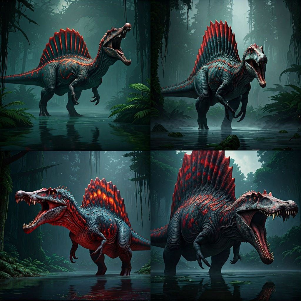A colossal, bioluminescent Spinosaurus, scales shimmering with an otherworldly, ruby glow, stands in a primordial swamp....