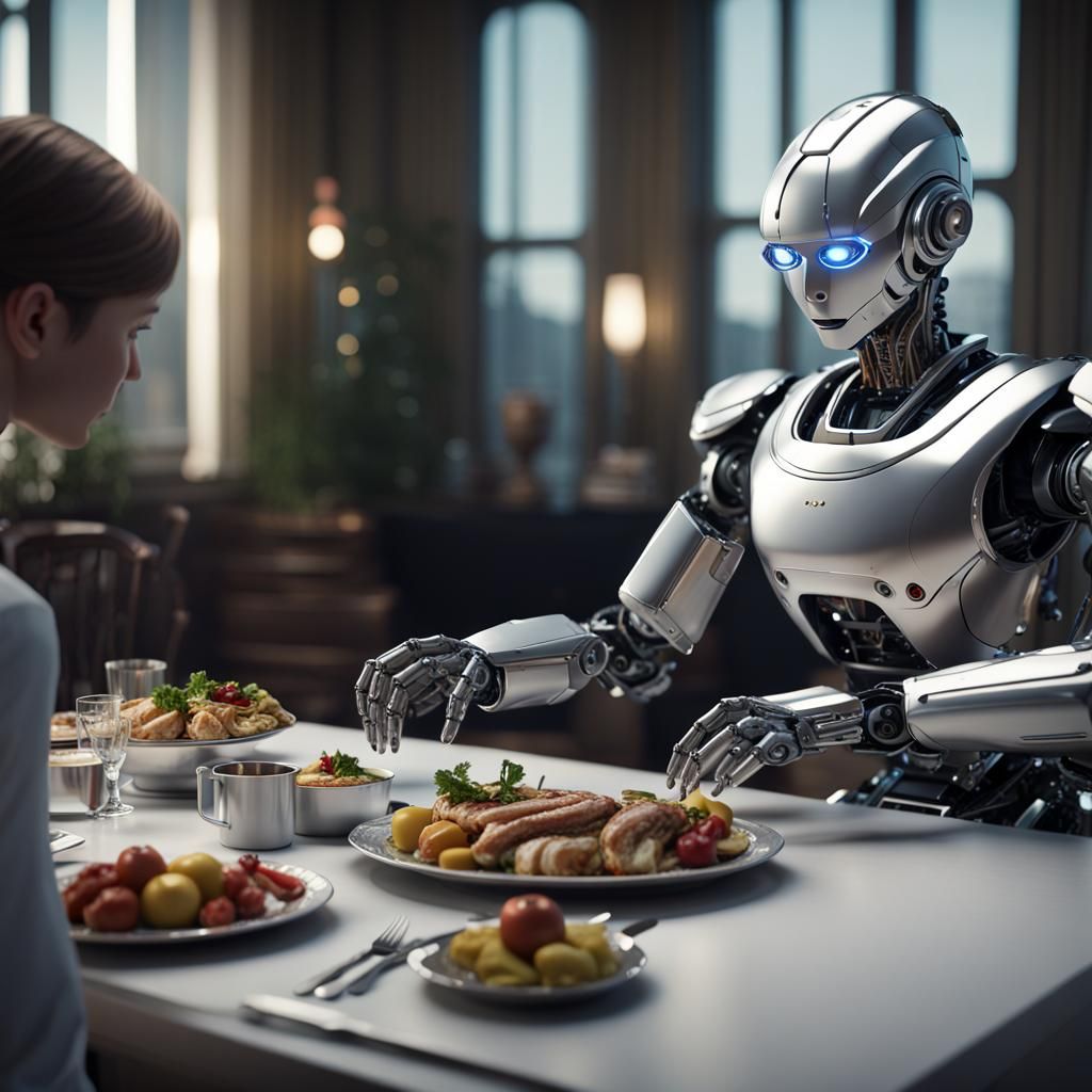 The humanoid robot butler serves the food to the family who are sitting ...