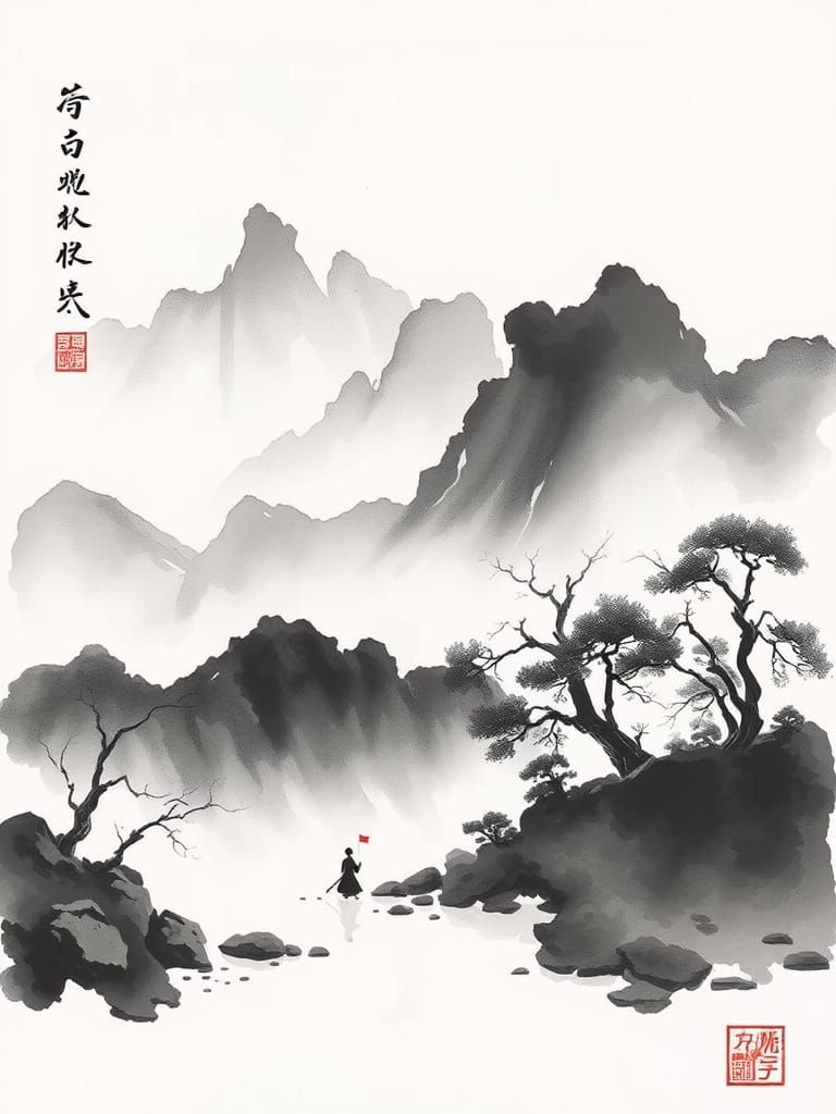 Misty Chinese Mountainscape in Elegant Ink Wash
