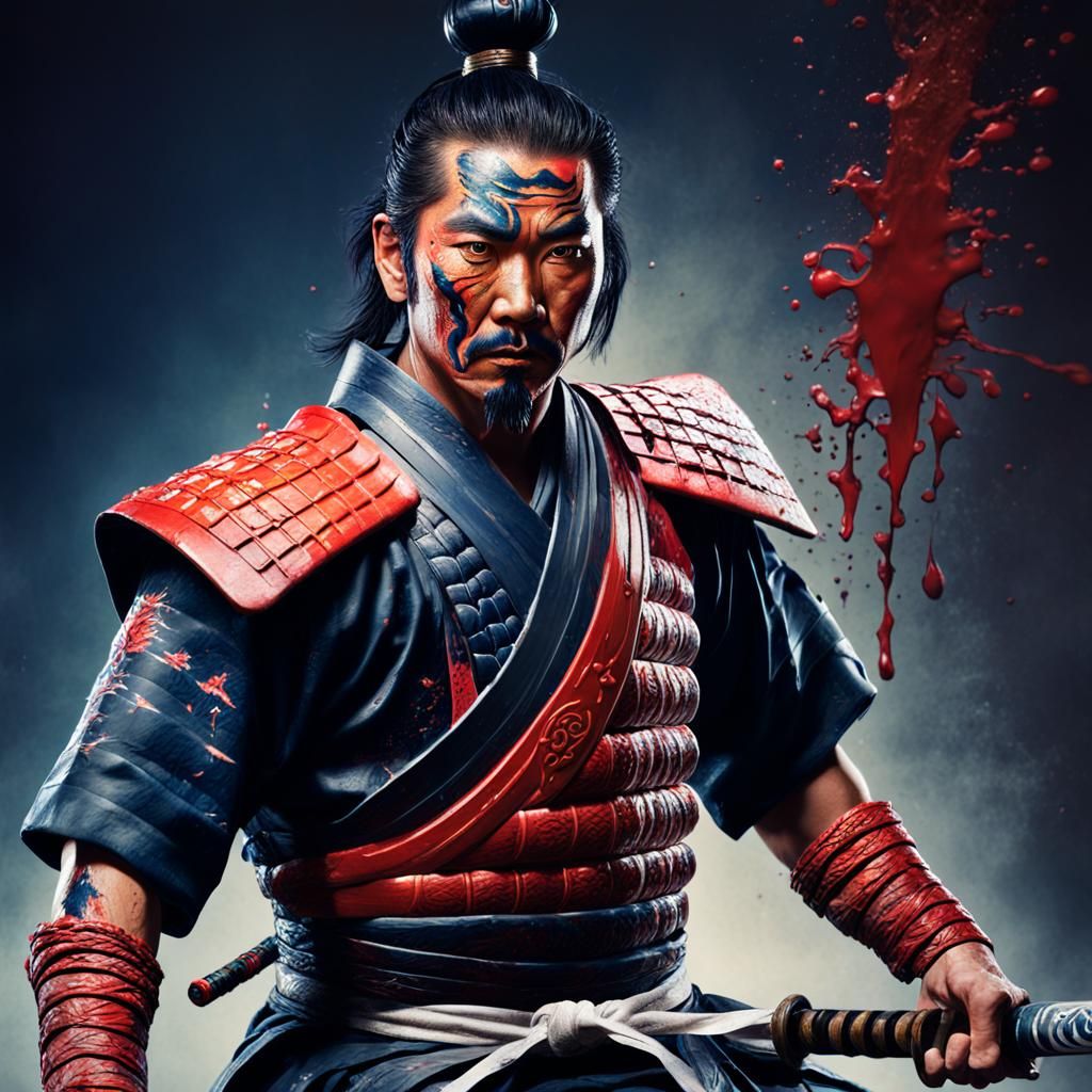 Asian warrior with body paint using a samurai sword