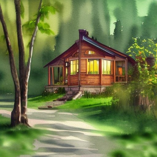 cottage in the woods watercolor, Majestic, Cyberprep, diorama, portrait, ArchViz rendering, Soft focus, ...  by @Carlotta Cavalli