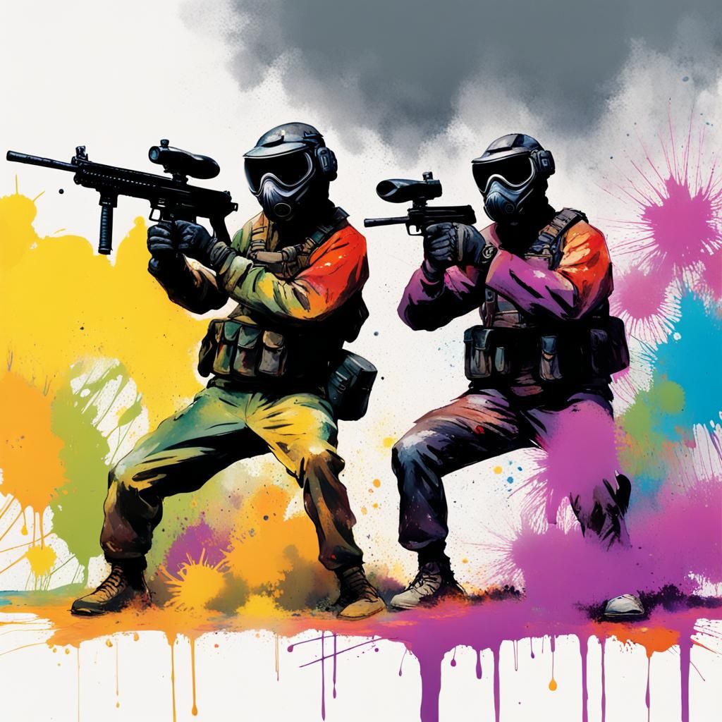 Long shot of TWO ANTHROPOMORPHIC DOGS at each edge of the image facing