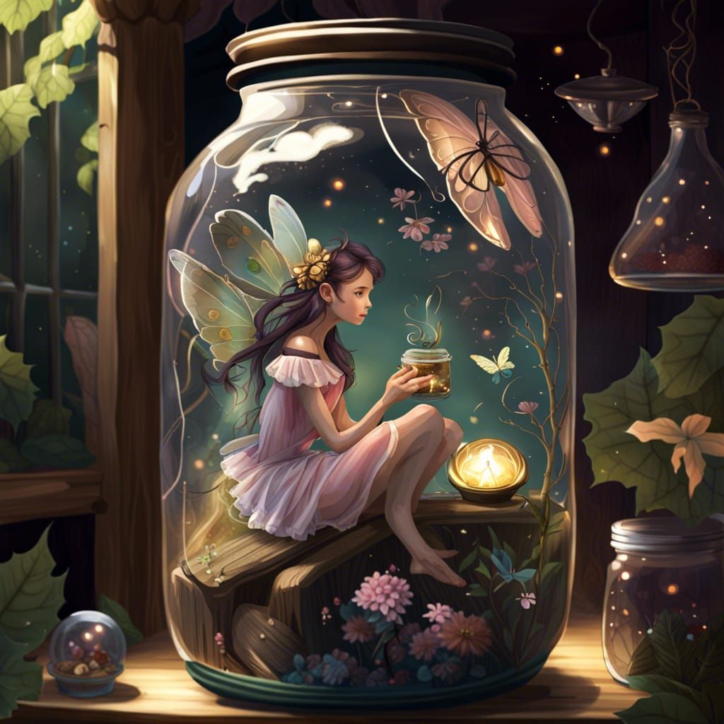 a beautiful fairy trapped in a jar on a deck filled with other items.  by @ArtDreamer Selma