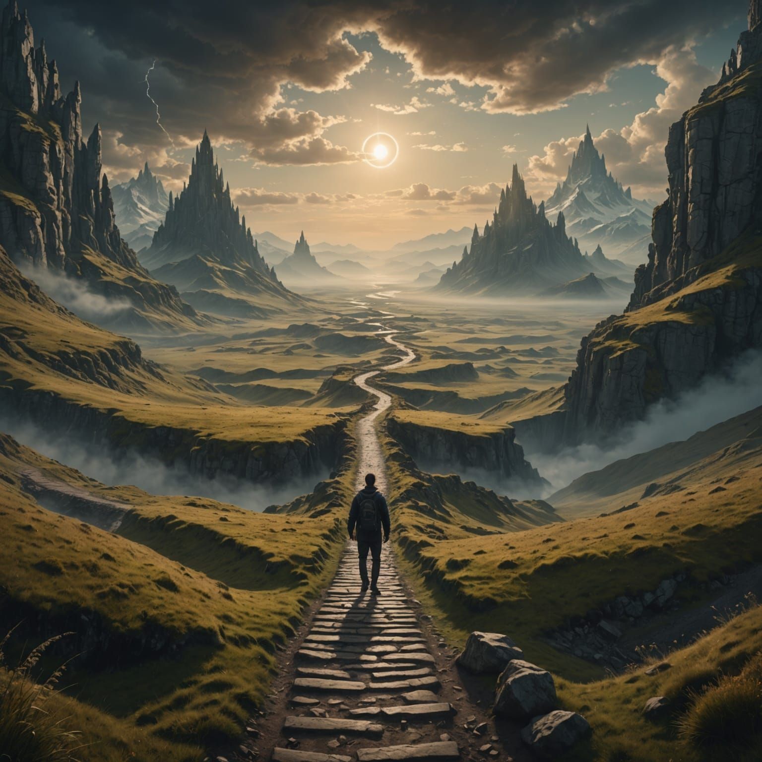 A surreal landscape a man facing a path the path sympolizes the daily challenge,obstacles of life.at ...  by @undefined