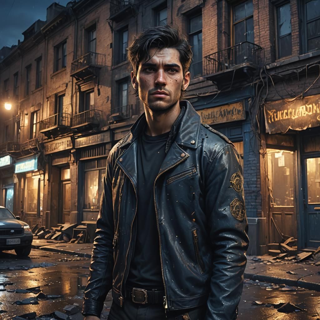 A dark haired 20 year old man dressed in biker clothes stand...