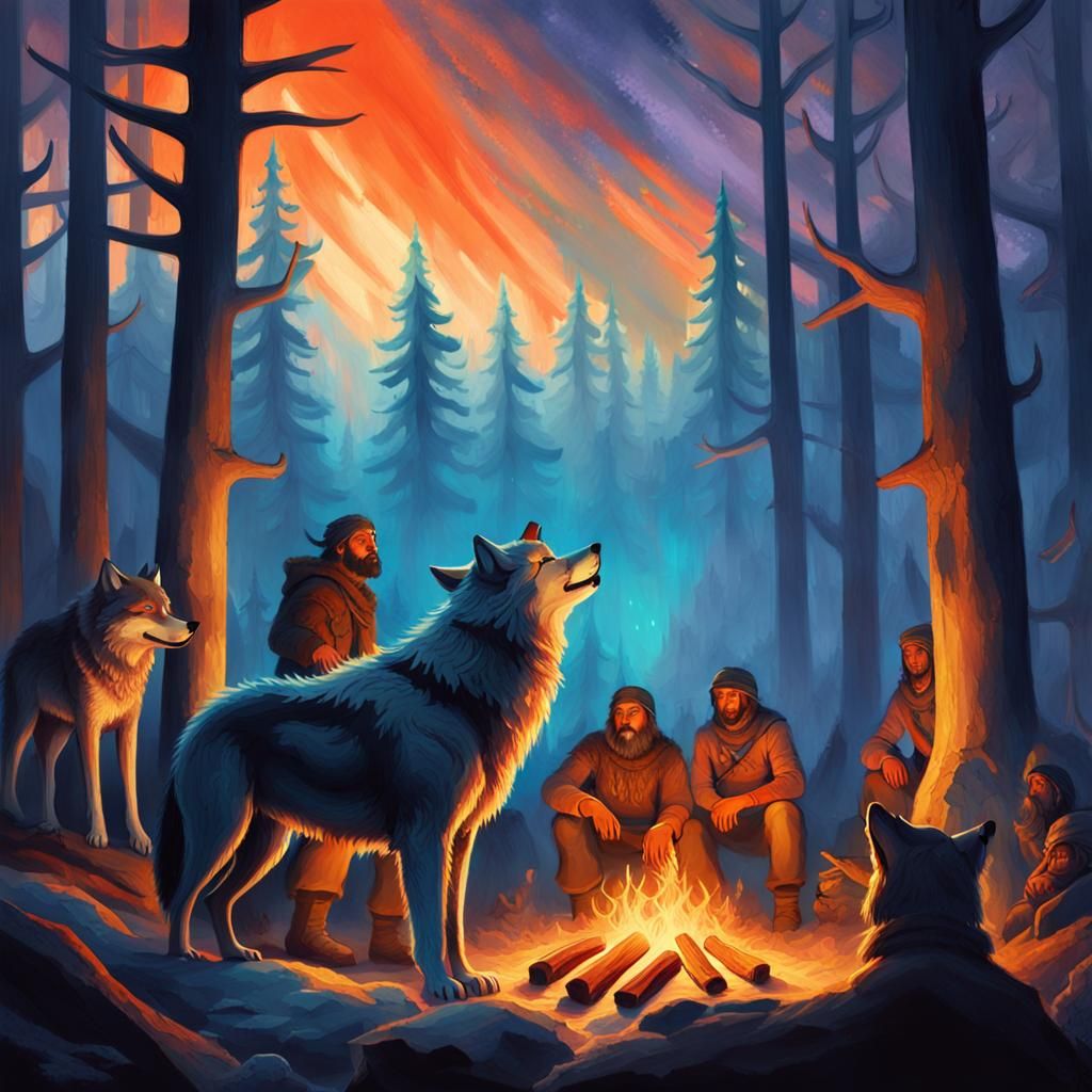 A ancient wolf looking at a group of prehistoric hunters gathered around a fire with their families 