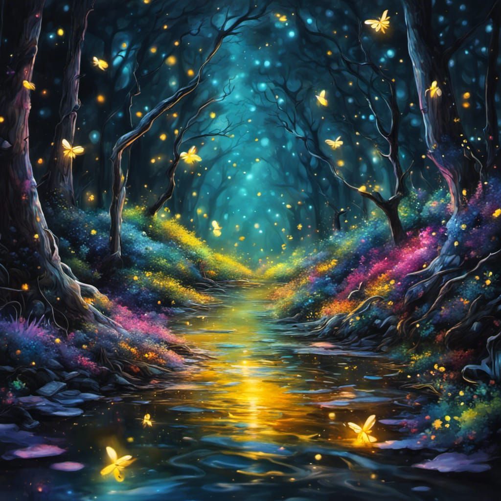 magical nature in night with more fireflies