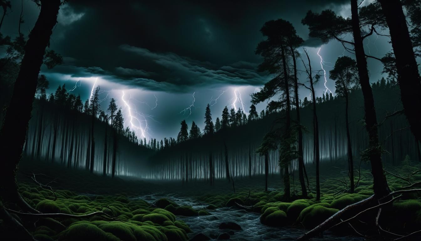 A dark forest under turbulent skies with lightning and wind,...