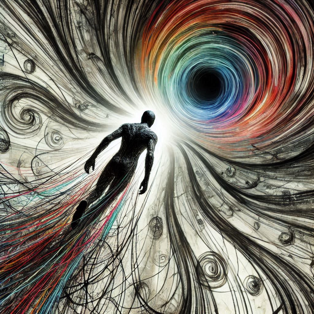 monochrome universe rainbow vortex dragging humanoid scribble art
