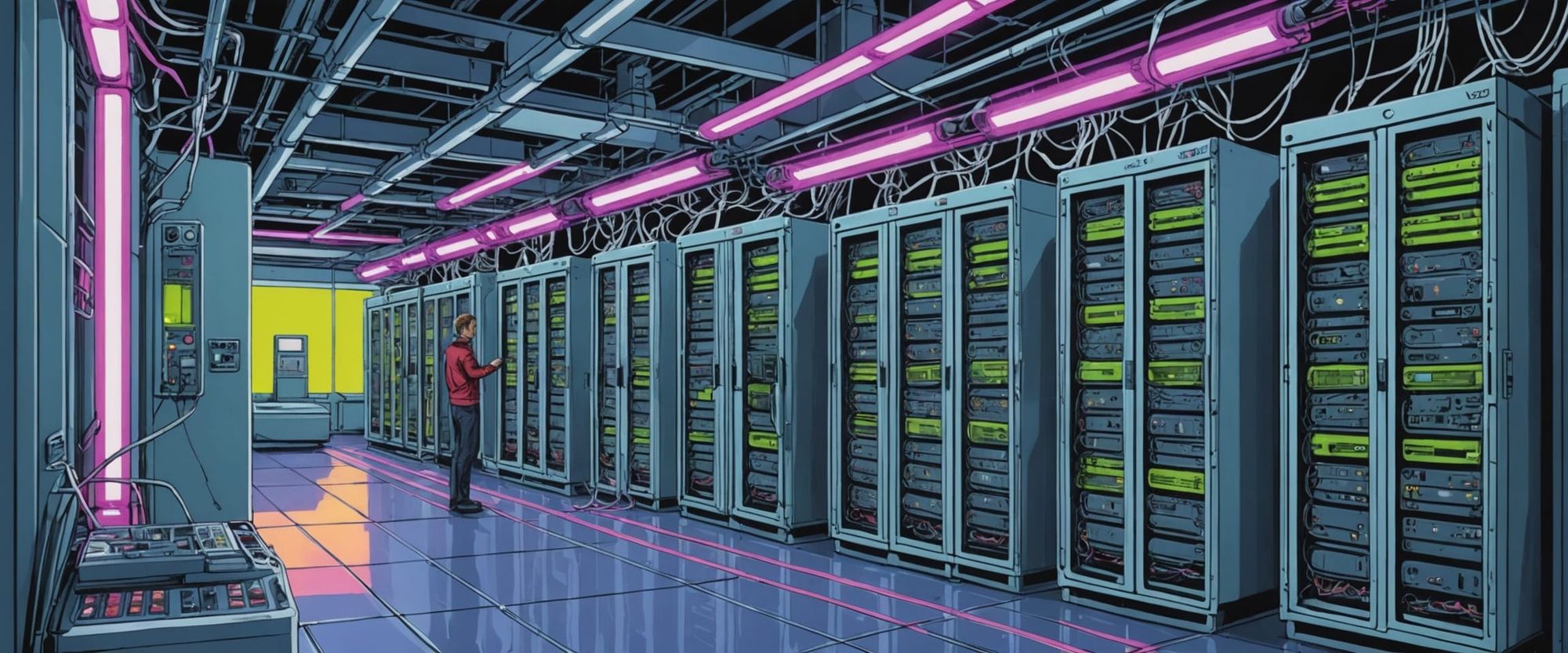 a large sci fi futuristic server farm, glowing white sci fi computer server racks, glowing colored lights, wires, mysterious, alien, geometr...