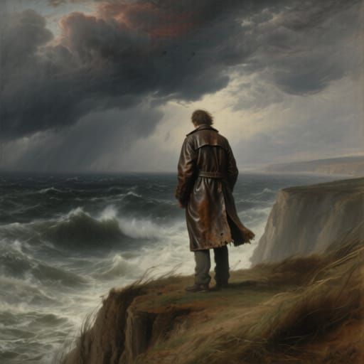 A lone figure in a worn, leather coat stands on a windswept cliff overlooking a churning, stormy sea. The sky is a dramatic canvas of dark, ...