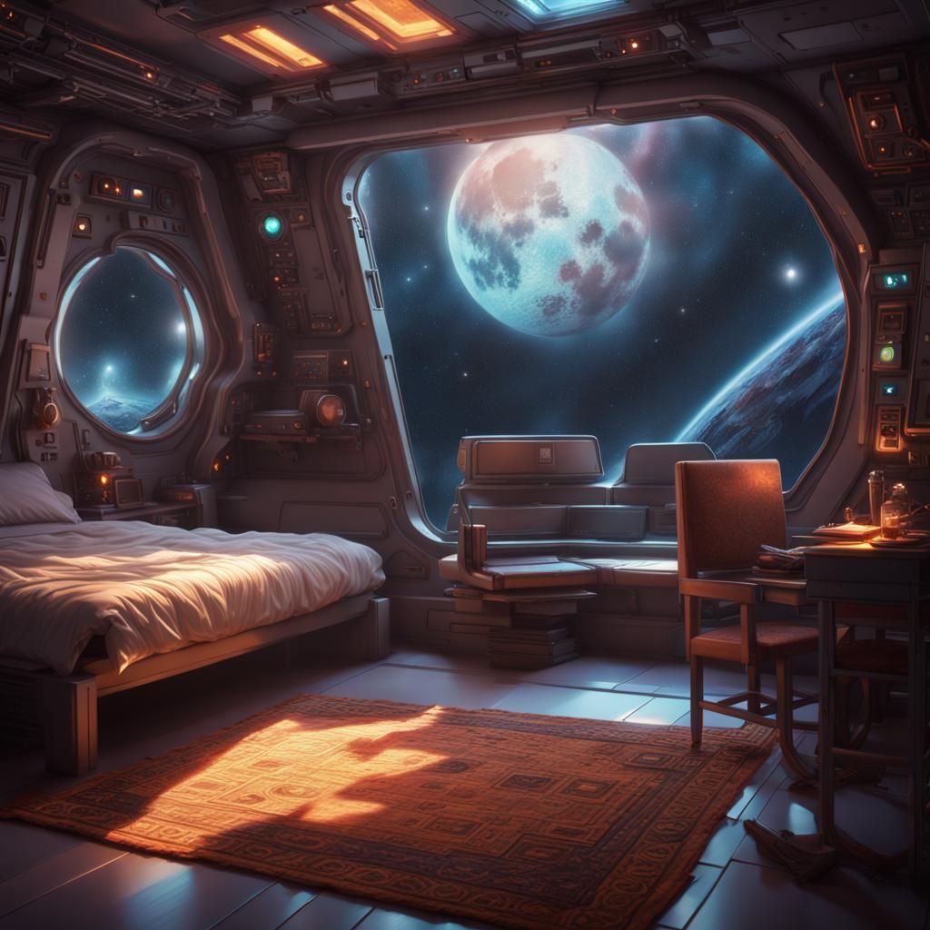 a bedroom  on a space ship with a window seeing stars and a moon Epic cinematic brilliant stunning intricate ...  by @Ringking 1978