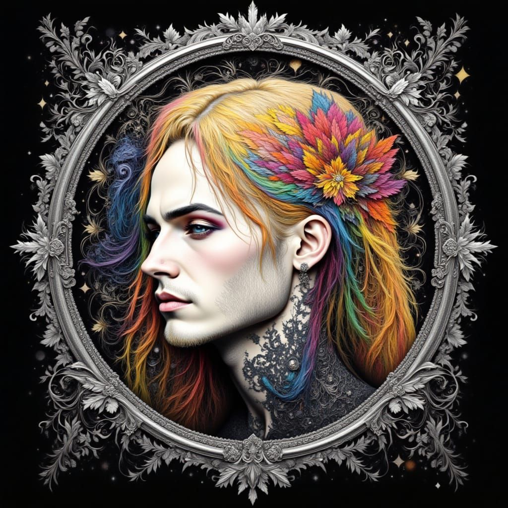 <lora:Geometric Intensity:1.0> Goth punk blonde man head and shoulders portrait with a silver frame in mandala, long haired man, lace textur...