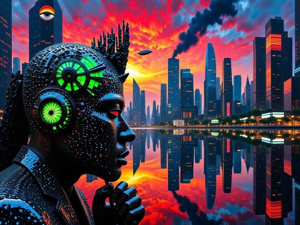 "man with little shiny digital porcelain and onyx zebra helmet"; diamonds and blue opal spikes; overhead point_of_view; icy blue on black 0s...