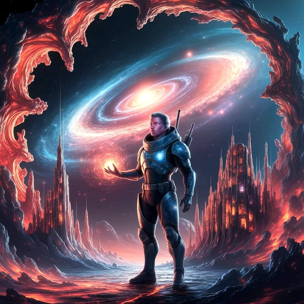 A cosmic soldier with eyes like distant galaxies, designing impossible structures in the void. The architect's hands glow with celestial ene...