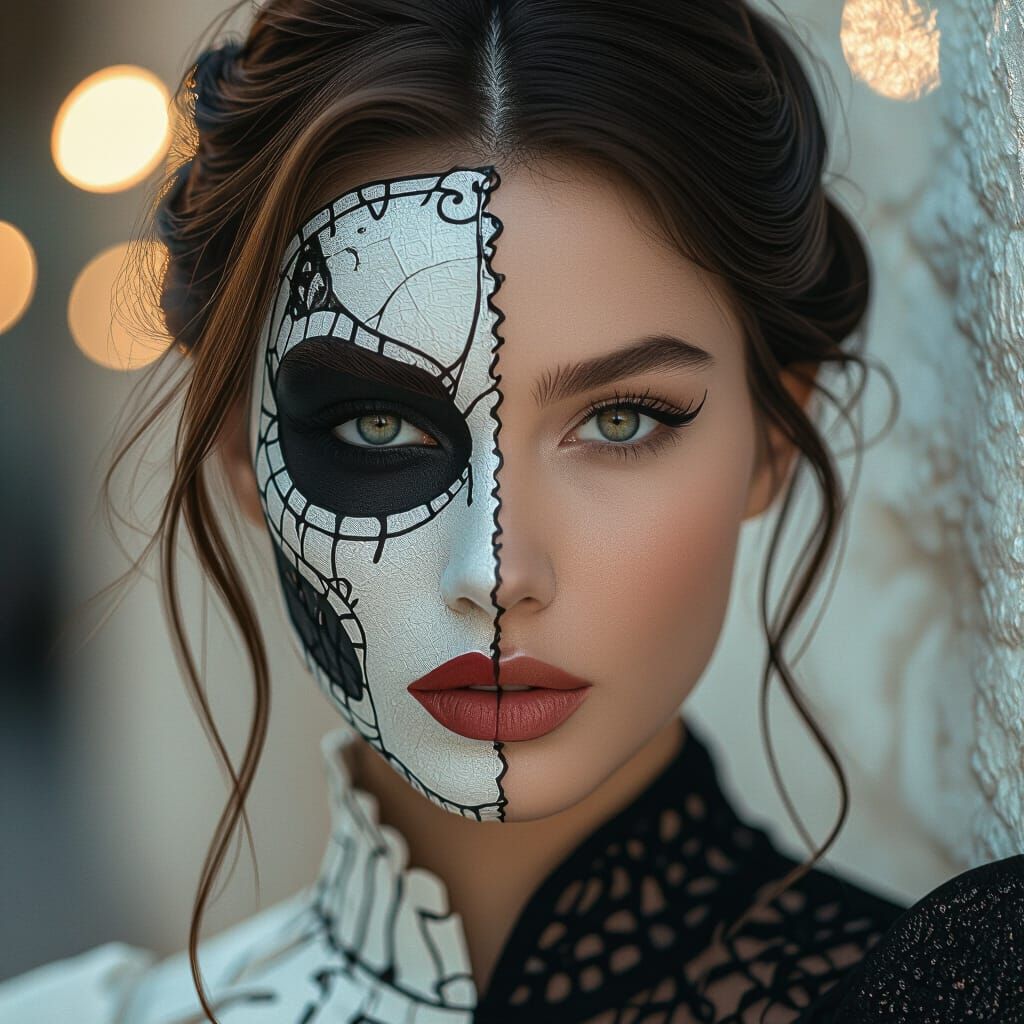 Hyperrealistic Portrait: Woman with Half-Face Makeup