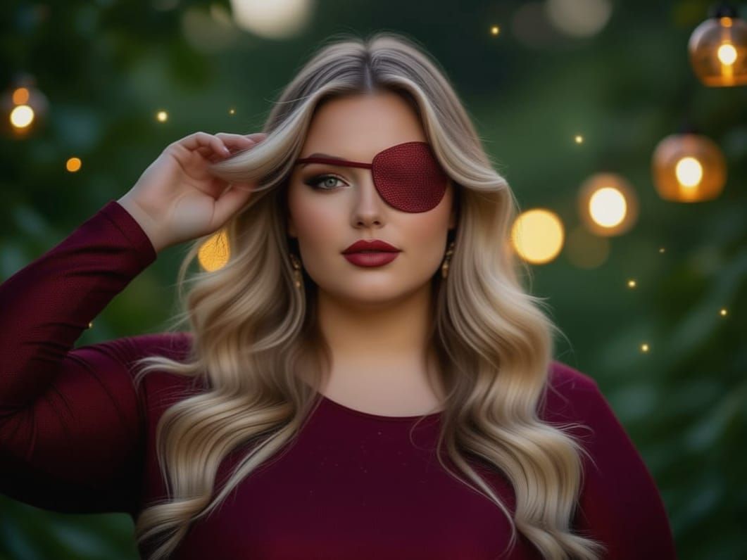 Dynamic photo portrait of a plus size eyepatch woman with wavy blonde hair in burgundy red dress