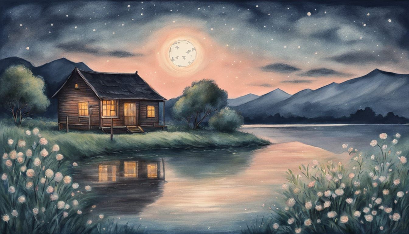 Blooming Acacia by Lake at Night as Oil Pastel Watercolor