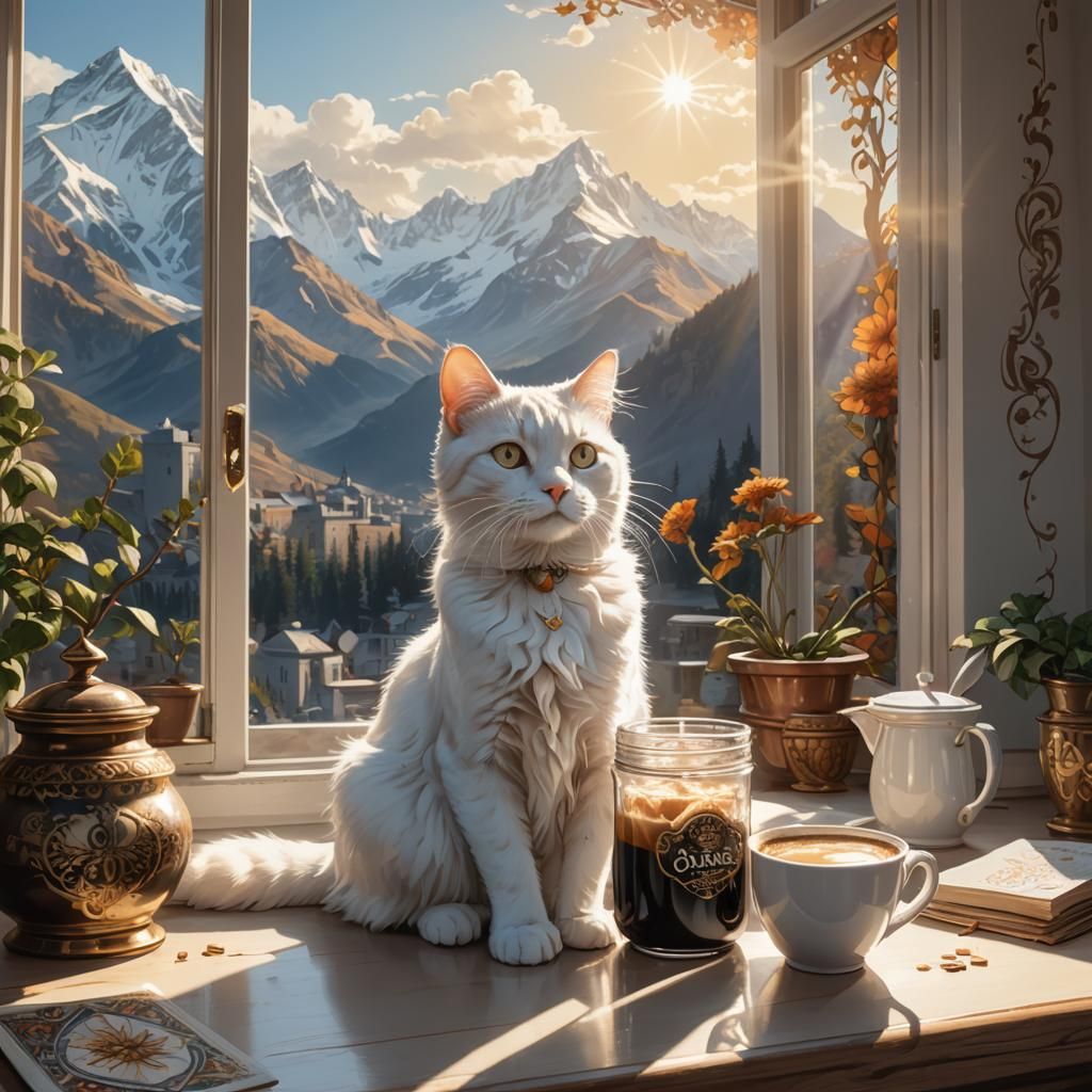 A product photo of a jar of coffee on kitchen table with white cat sat on window sill, ornate style, ...  by @Peterthegreat 