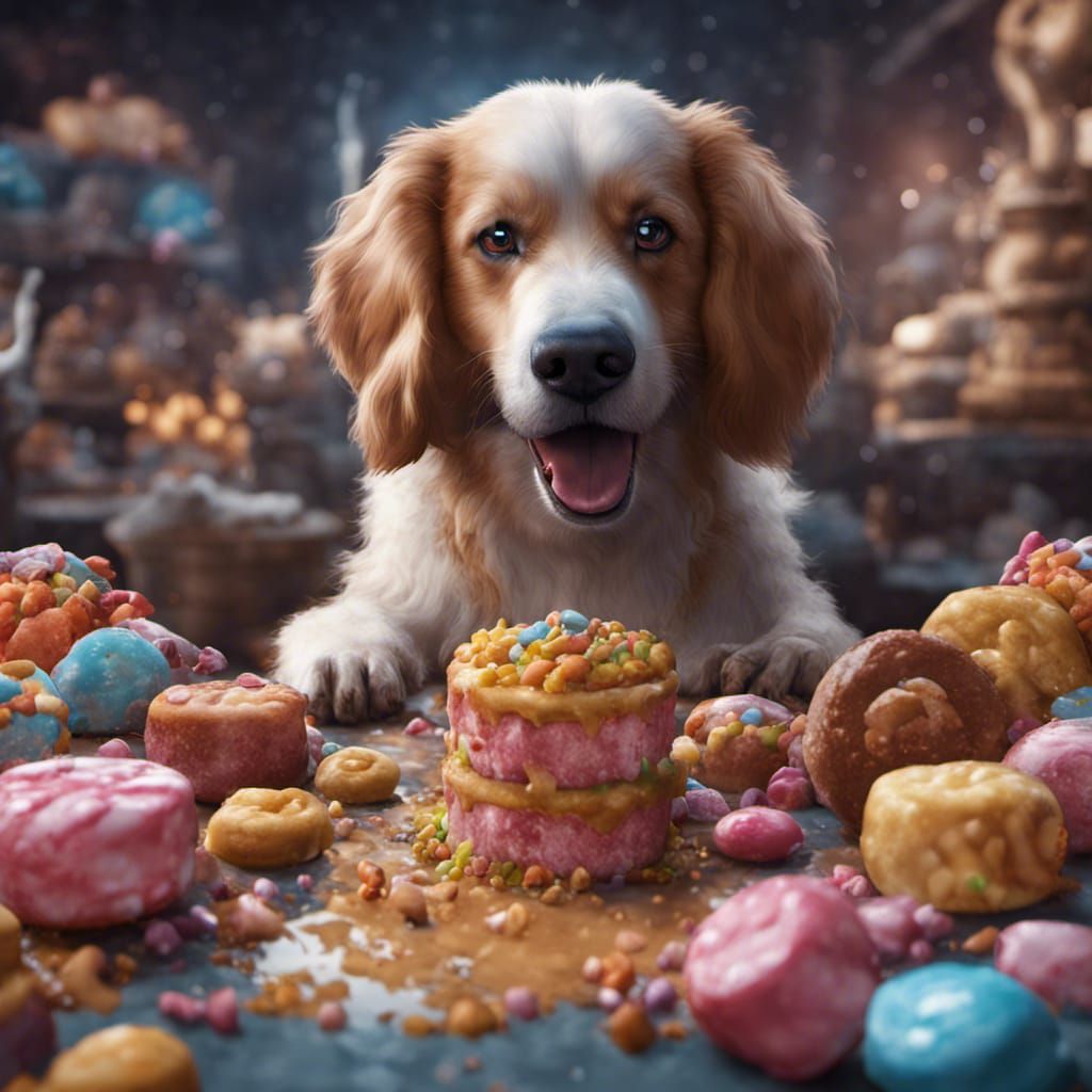 Realistic, dog eating sweets