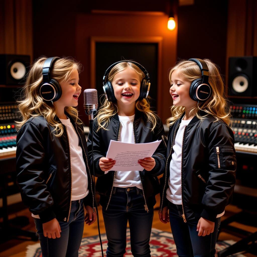 Golden-Haired Triplets Sing in Recording Studio