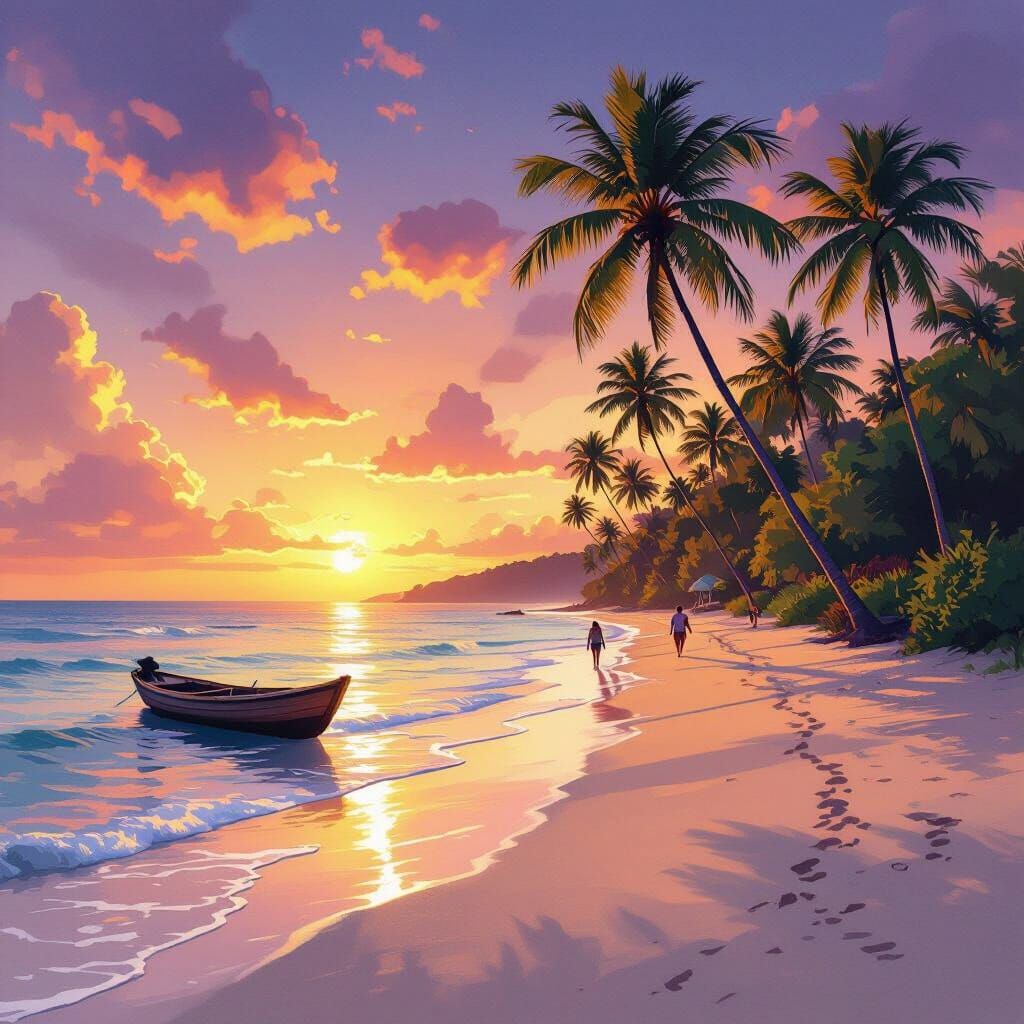 Tropical Beach Sunset with Watercolor Touches