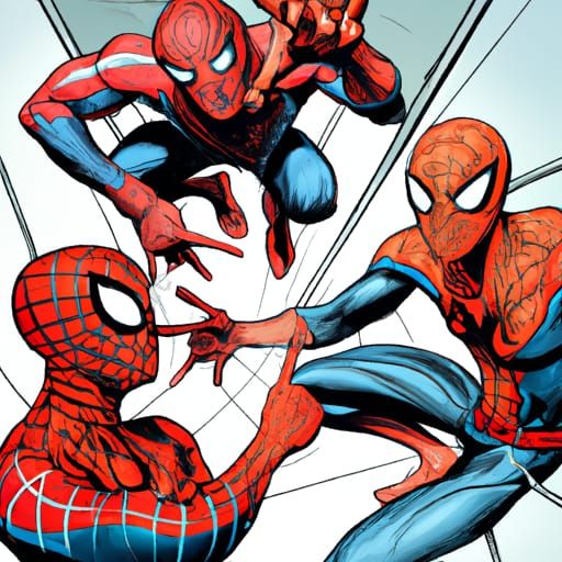 three spider-men pointing at each other false
