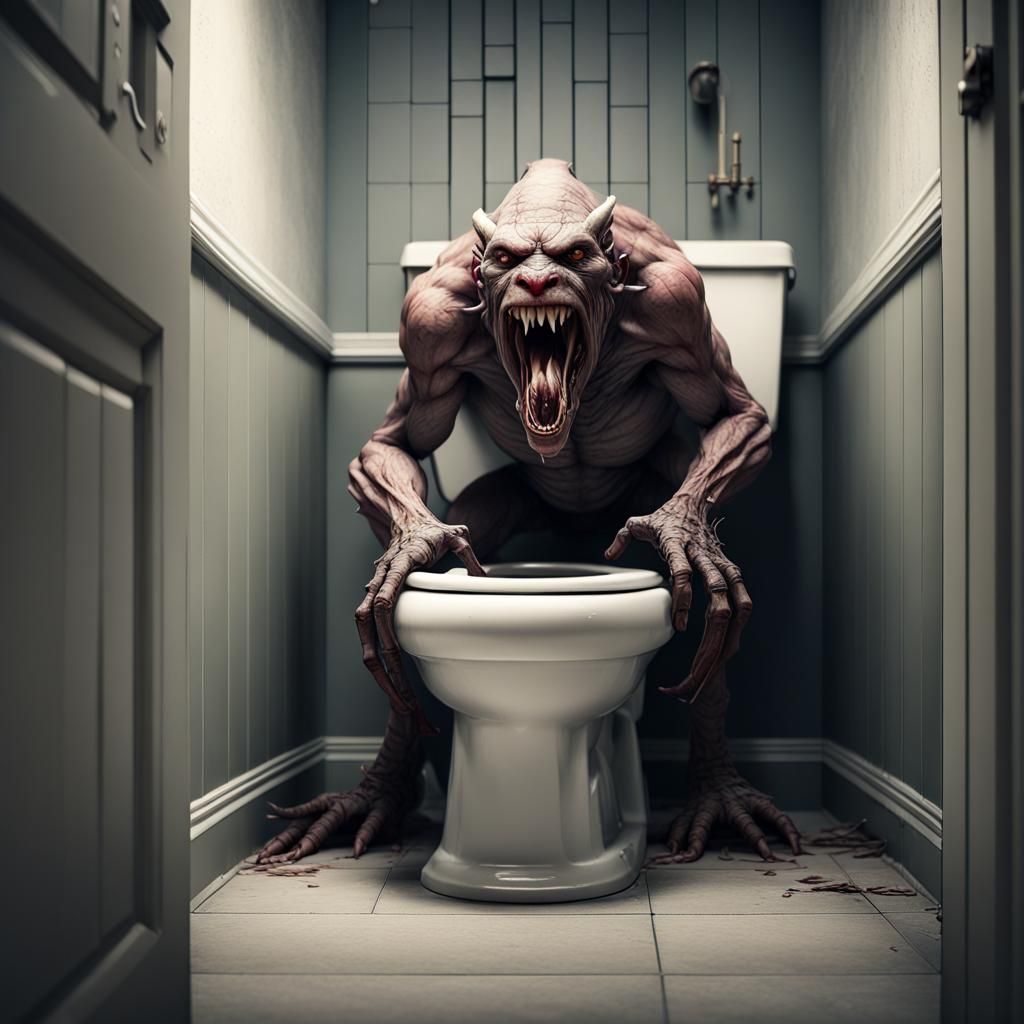 A disturbing beast climbing out of a toilet intricate detail...