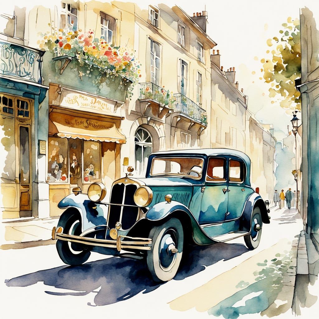 Watercolor illustration. Medium shot. Vintage French car Soft focus. Whimsical art nouveau. Expressive ...  by @Miriam