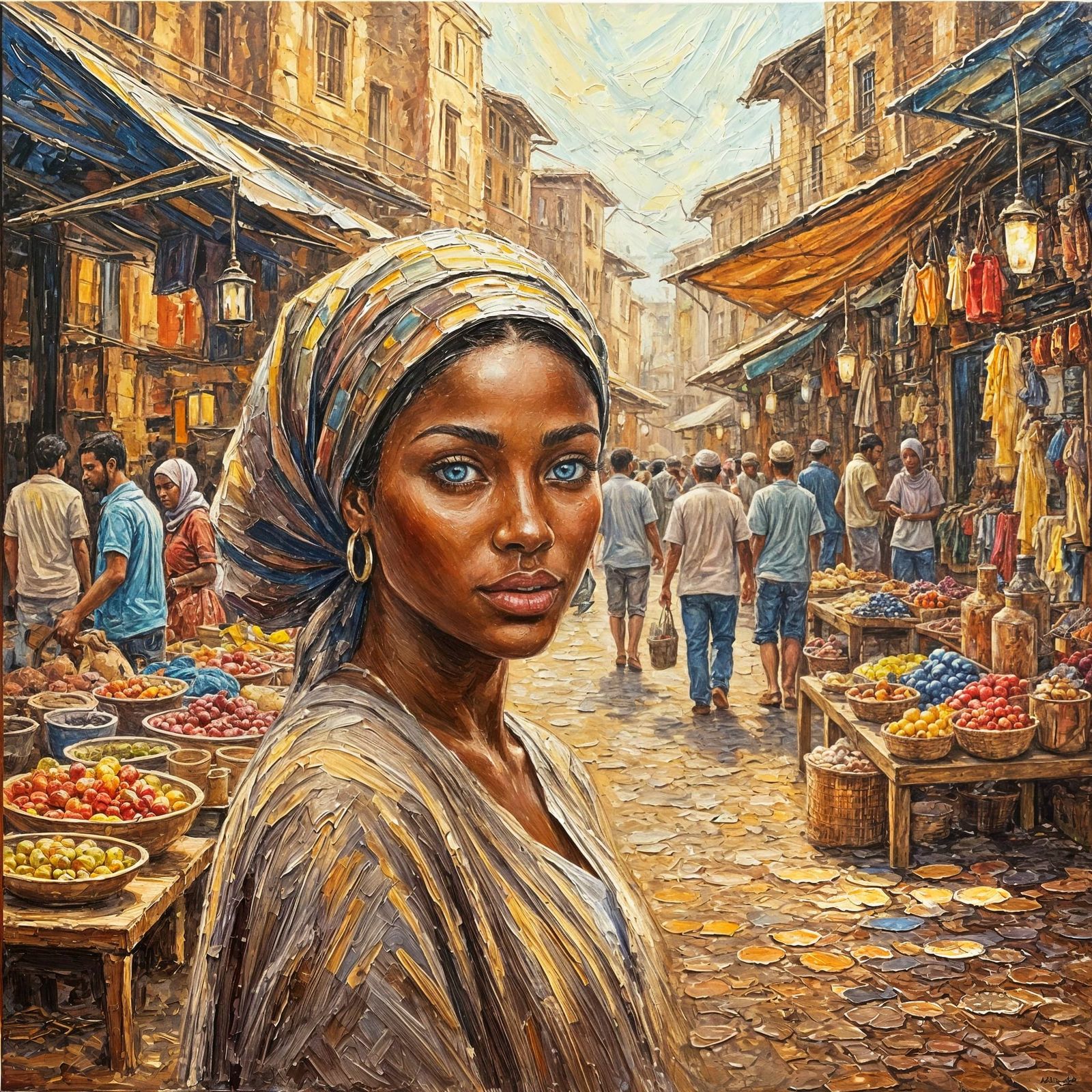 painting of a woman with a scarf covering their head, dark skin, and blue eyes, busy marketplace background, ...  by @Dantonio