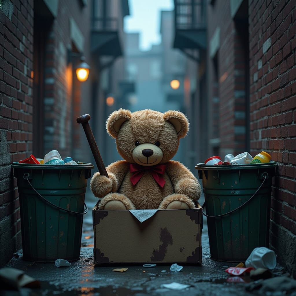 In a dark alley behind some run down buildings are two overflowing trash cans between those trash cans in box sits a rough looking teddy bea...
