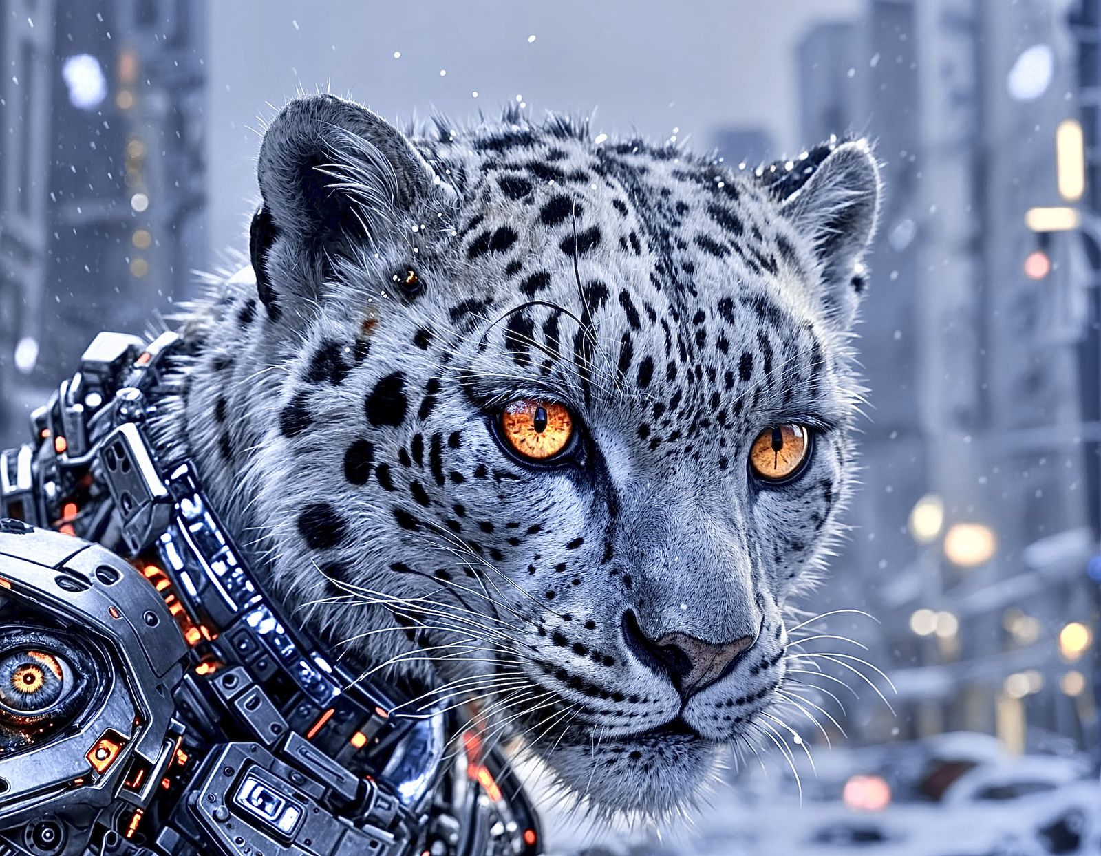 Snow leopard cyborg in the city