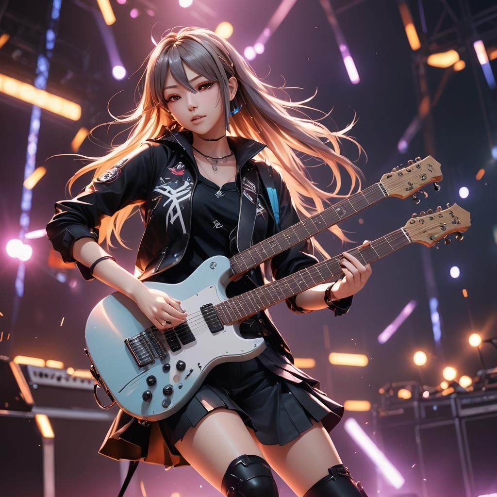 Anime Girl Headbanging on Stage in 3D