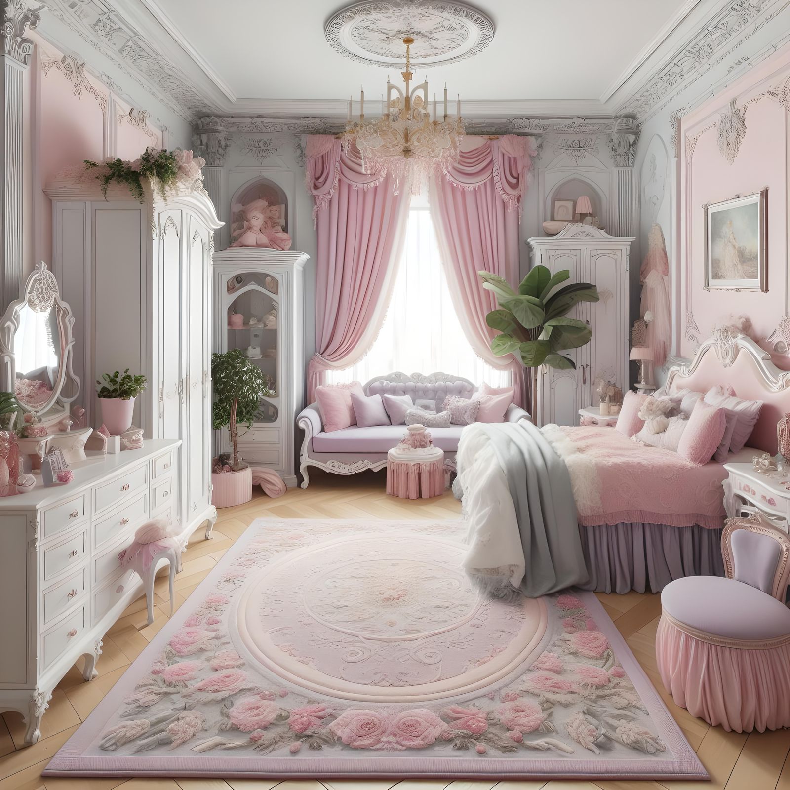 Maximalist rococo bedroom for a teenage girl in a maximalist rococo house