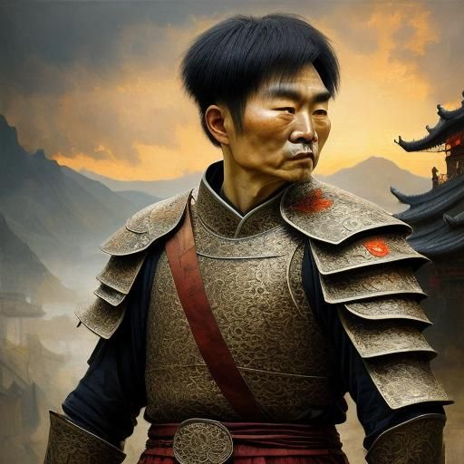 <lora:Filigree Oil Sfumato:1.0> young Chinese warrior, portrait oil painting, chiaroscuro lighting, puzzled expression on his wrinkled face,...