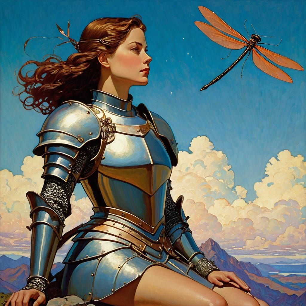In her thoughts she is a Knight with armor, shield and sword, dragon flies in the sky behind, by Erin Hanson, Edmund Dulac, Maxfield Parrish...