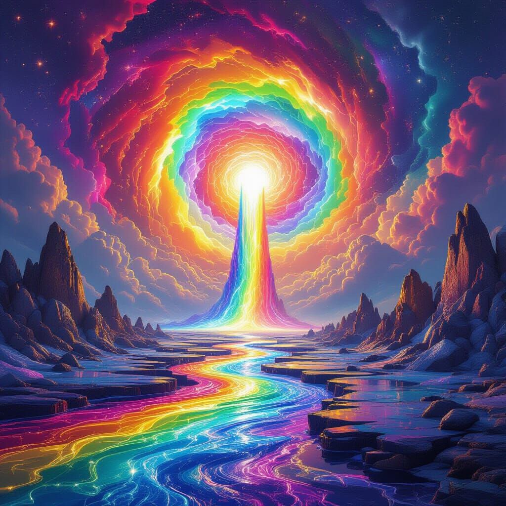 Explosive Rainbow River Flows Through Surreal Fantasy Landsc...