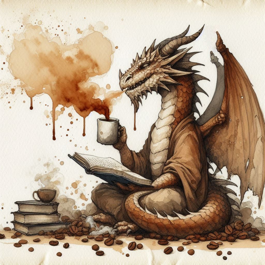 Coffee stain watercolor of a dragon reading