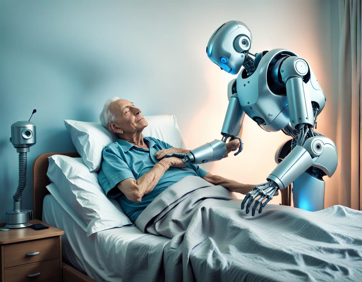 elderly man with a robot conforting and feeding him in the bed, in the ...